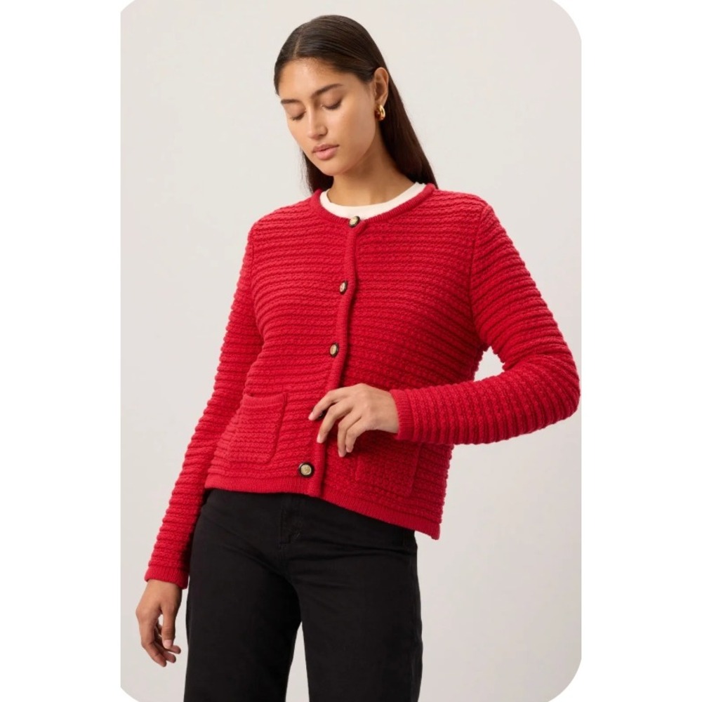 CeCe Red Cardigan Sweater Textured Gold Button Lady Jacket Womens Size S
